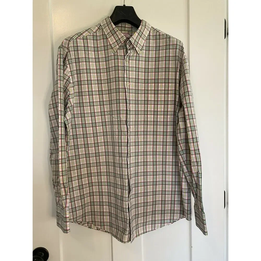 Ben Hogan Long Sleeve Button-Down Collar Dress Shirt Blue Green Plaid Size XL